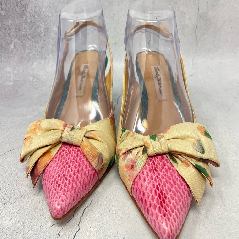 ❤️Beverly Feldman Silk Fabric and Snakeskin Leather Slingback Heels. Size 8 1/2 - Picture 4 of 13